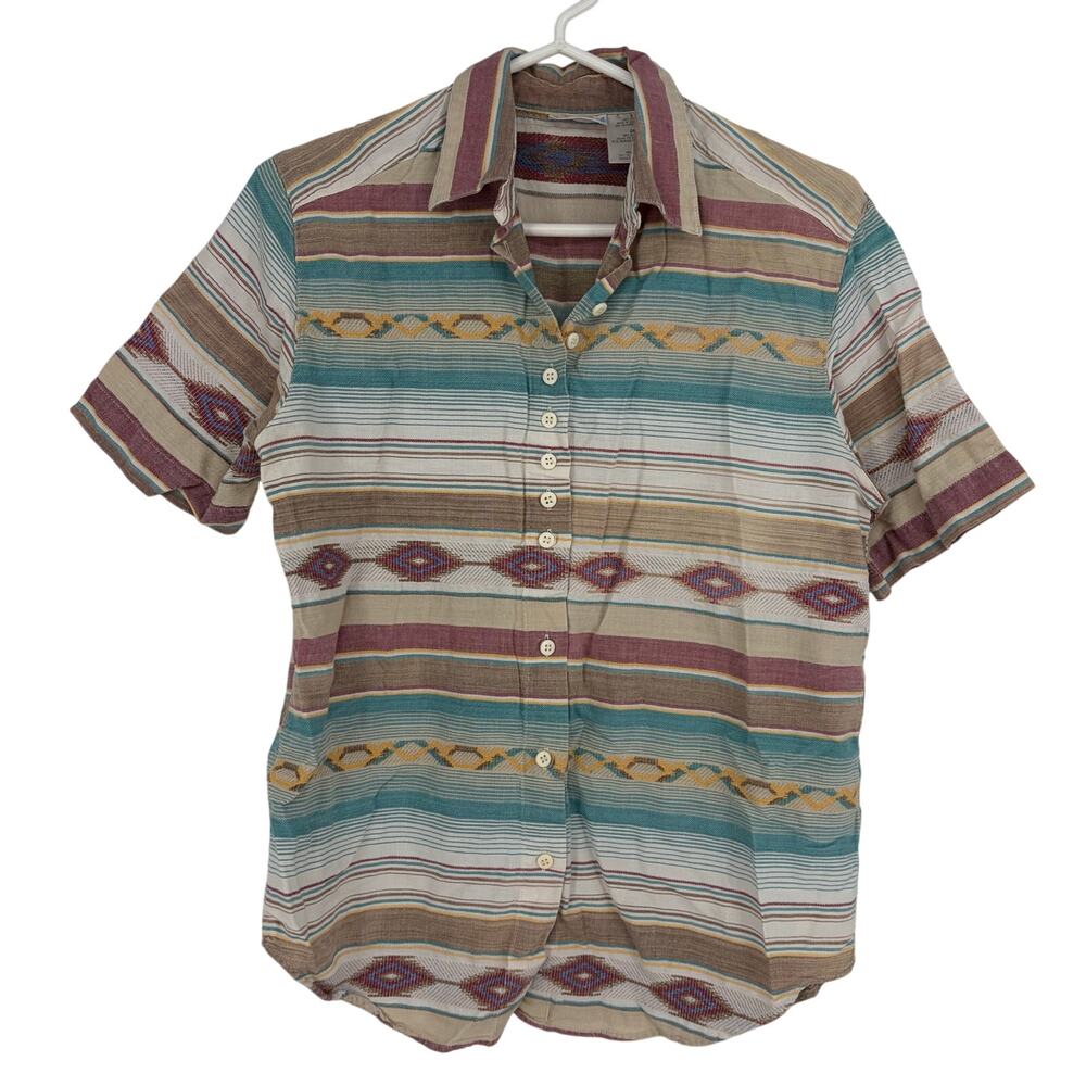 Backroad Blues Vintage Women's Striped Aztec Cotton Short Sleeve Button Up Small